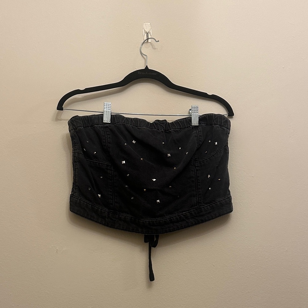 Tricia Fix Re-Nuuly Embellished Corset Top Black US 8 Tie-Up Back Strapless Stud